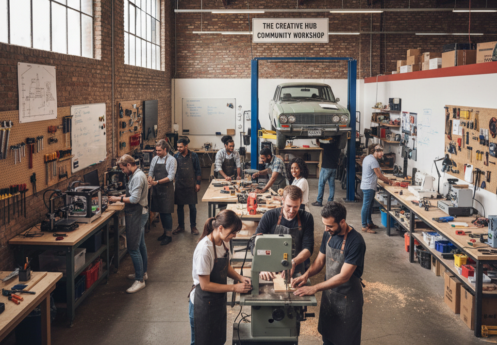 Community workshop with people collaborating, using various tools like saws, 3D printers, and car lifts