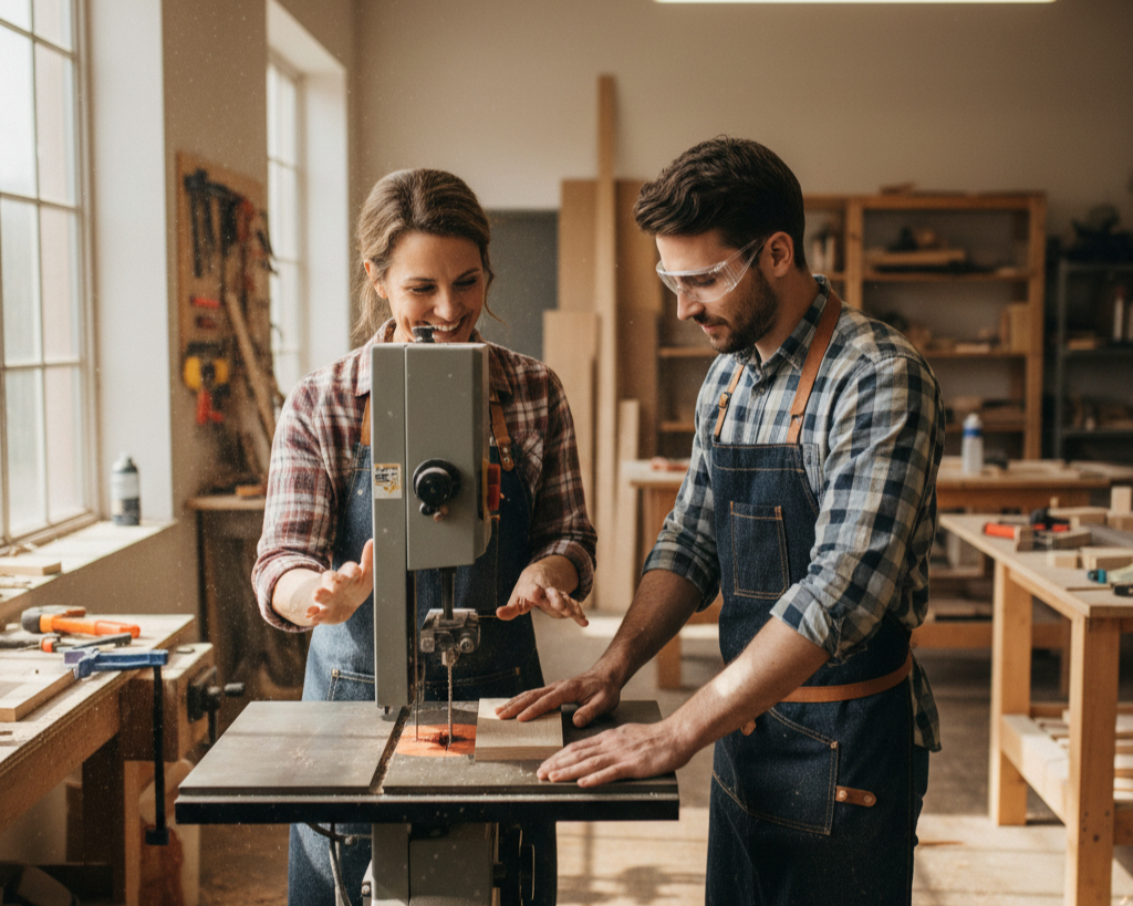 Smiling host guiding someone on how to use a tool in a workshop