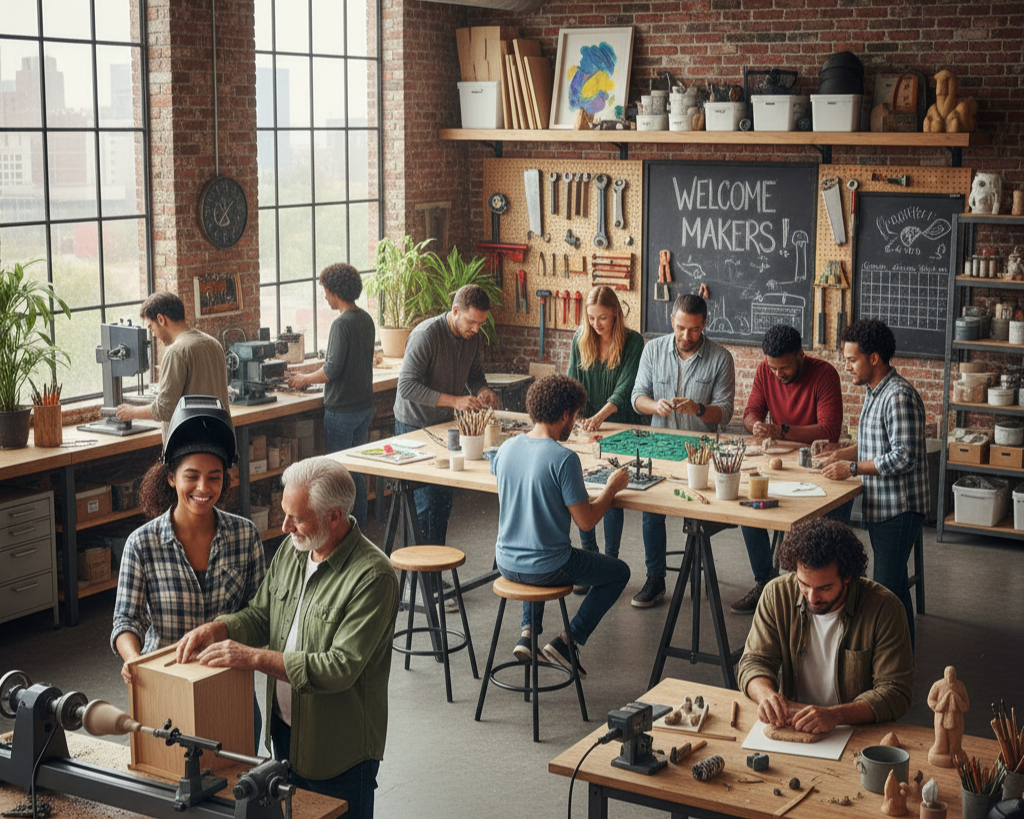 Shared workshop with diverse group of people collaborating on various projects, using tools together in a welcoming community space